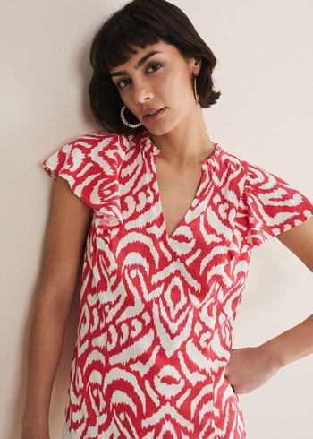 Phase Eight Dalia Ikat Ruffle Shirts Red/White Australia | VZ7604925